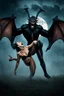 Placeholder: Lord Aegon Devereaux the horrifyingly large, muscular, evil vampire bat monster, grabbed Rexanne Stark, who was only dressed in her underwear, by the throat and lifted her off the ground in one hand, an extreme expression of fear crossed her face, she screamed at the top of her lungs, she kicked and flailed, dust, fog, mist, Moonlight, darkness, eerie Castle, Sinister, terrifying atmosphere, graphic, cinematic, 4k, epic, sharp focus, hyperrealism, detailed character design,