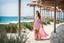 Placeholder: long shot, beautiful Turkish girl with nice blue eyes wearing a pink - blue dress walks in shore toward camera , sharp focus all the scene, natural light, vertical composition, relaxed and natural, fresh and comfortable ,in seaside there are luxury beach hotels.