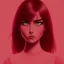 Placeholder: crystal clear blue eyes, and dark pink hair, teardrop shaped eyebrows, woman, angry expression, pointy ears, long hair