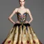 Placeholder: stunning couture gown designed by Marchesa inspired by fairies, realistic epic elegant fantasy colors in gold and black and red,decorated with precious stones, detailed, high quality, intricate, fantasyland background,