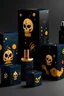 Placeholder: Cosmetic packaging in a Halloween theme. Featuring graphic outlines of pumpkin, bat, moon, skull, and ghosts. In navy blue, gold, and black colors. Please arrange the packaging in an interesting style, ideal for Instagram.