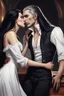 Placeholder: Strahd Von Zarovich being kissed on the neck by a beautiful woman with white hair, wearing an off the shoulder dress. Settling and background are a lavish toomb with an ebony coffin.