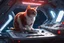 Placeholder: mid shot of a mischievous Cat hunched on complex console of a spaceship with a paw hovering over an ominous red button, by Pascal Campion and greg Rutkowski, unreal engine 5, hyperreal