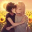 Placeholder: Clear Focus, High resolution, 2 girls hugging, the two girls is a human version of sun and moon, sun if happy and moon is sad, sun in the background