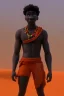 Placeholder: 3D render of a cyberpunk tribal young black man, black afro hair, ragged shirt, on a orange dune background, digital art