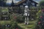 Placeholder: an old robot skull with half a manadeun finger and wears a old jazz suit but is actually a he is in such a place Night, flowers, garden, fence, distant cabin, impressionism painting by Theodore Robinson