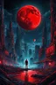 Placeholder: midle shoot, red full moon at night and one human siluette staring at moon in higtech, dark, sleeping city , sharp focus, detailed, masterpiece, 8k resolution, dark fantasy concept art, dynamic lighting, hyperdetailed, intricately detailed, Splash screen art, deep colors, shiny lighting, neo-punk style, complementary colours, neo-impressionism expressionist style , surreal, style bymodigliani, kandinsky