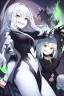 Placeholder: plauge doctor in balck leather clothes with silver hair, pale skin and bright green eyes smiling with sharp teeth, nice young face