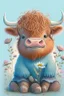 Placeholder: Adorable cute happy baby scottish highland cow with dreamy eyes, sitting down and holding a flower, nursery art, very rendered polished Perfect, smooth edges, flawless Facial Features, Stunning, Whimsical Fantasy, Cute, Highly Detailed, Well Rendered, cartoon, illustration