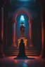 Placeholder: The high priestess of the god of death praying in front of a statue of the god. tomb, tome, underground, ruin, temple. black light. Cinematic lighting, Volumetric, lighting, Epic color composition, the , octane render,