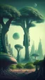 Placeholder: alien landscape with trees and buildings