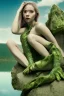 Placeholder: woman sitting on a rock, in a lake, green mottled skin, green hair, blue sky, white clouds