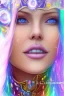 Placeholder: cosmic woman smile, admiral from the future, one fine whole face, crystalline skin, expressive blue eyes,rainbow, smiling lips, very nice smile, costume pleiadian, Beautiful tall woman pleiadian Galactic commander, ship, perfect datailed golden galactic suit, high rank, long blond hair, hand whit five perfect detailed finger, amazing big blue eyes, smilling mouth, high drfinition lips, cosmic happiness, bright colors, blue, pink, gold, jewels, realist, high commander,ufo rainbow