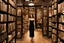 Placeholder: full-height shot of a woman in a tight black dress, inside a large magic book shop, books, bottles, windows