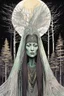 Placeholder: create an abstract expressionist lithograph of a ghostly tribal druid priestess, with highly detailed, delicate feminine facial features, inhabiting an ethereal Northern forest of ancient hemlocks, in the comic book style of Jean Giraud Moebius, David Hoskins, and Enki Bilal, precisely drawn, sharply defined, boldly inked, in the pale colors of the midnight moon