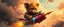Placeholder: hairy macho gremlin teddy bear living in a hi tech marvellous hot dog art graphics and gems on rocket with a mounted sling shot mega harpoon, heading for venus , background motion blur and smoke swirls