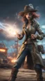 Placeholder: flashy magazine cover illustration, fallout 4 docks setting, horror weird cowboy wizard cyberpunk weasel in female garments,spinning revolver, getting hit by lightening electric arc, with big disturbed eyes,bokeh like f/0.8, tilt-shift lens 8k, high detail, smooth render, down-light, unreal engine, prize winning