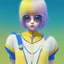 Placeholder: animegirl, bob cut, looking at viewer, arms behind back pose, blue short pants, yellow blouse with a knot on the bottom, lemon background, air bubbles, summer vibe, close up shot, ambiguous lines image, flat dimensional style, flat lines, rough drawing --ar 2:3