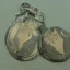 Placeholder: pendant in a form of two conjoined silver coins, watercolor, large strokes, artwork, fantasy