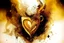 Placeholder: double exposure, merged layers, fireplace with dynamically blazing fire in coffee color, ink splatter art, watercolor and ink, golden glitters, double exposure heart and love