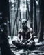 Placeholder: man sitting on a throne in a relaxed laid back style, middle of a snowy forest, muscular athletic physique, wearing a japanese Hannya demon mask over face, cinematic greyish filter