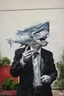 Placeholder: man with catfish shark head smoking a cigarrette in the style of banksy