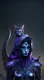 Placeholder: Beautiful D&D character portrait, humanoid tabaxi, female, colorful fantasy, detailed, realistic face, digital portrait, intricate cloak black trimmed with silver and purple, fiverr dnd character, wlop, stanley artgerm lau, ilya kuvshinov, artstation, HD, octane render, hyperrealism