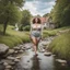 Placeholder: full body shot of a very beautiful lady curvy hair, walks in the country side with a narrow river with clean water and nice rocks on floor. The trees and wild flowers pretty country houses ,nice cloudy sky.