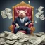 Placeholder: rich pig in suit on a throne making stacks of money by making a deal with a buisnessman