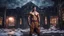 Placeholder: Hyper Realistic handsome muscular Aladdin with his prehistoric-costume standing bravely outside massive-dark-abandoned-factory-with-broken-windows-&-fancy-main-gate at dark snowfall night with dramatic & cinematic ambiance