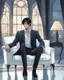 Placeholder: Stunning modern anime illustration of tall man, short black hair and piercing blue eyes. Wearing an elegant white office suit, he leans on a modern sofa. The background, contemporary house merges with dark fantasy elements, elegant lines and surprising architecture. A mysterious painting on the sofa, of a Gothic castle wrapped in darkness, enigmatic air. Vibrant and striking colors, atmosphere of intrigue and mystery