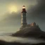 Placeholder: franz frazetta style, old lighthouse, sea in the distance, sunset, heavy clouds