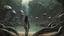 Placeholder: detailed matte painting of a wide-angle shot of a woman standing on the right-hand side of an alien beach, with dark hair in a silver robotic catsuit, many floating aliens with long tentacles, alien jungle trees in the distance, deep colour