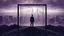 Placeholder: inner in an cube like cage stands a human figure and gaze city, , in outside around in the distance big landscape with big city and many fade human figures in the city, dark purple, gray, black, white, brown. Whimsical style and surreal vibe, lonely with neuron network background, surreal stunning vibe