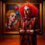 Placeholder: A clown with a make-up face, red nose and colorful curly hair stands in a museum in front of a huge picture with a golden frame of a clown who looks just like him shedding tears, the tears flow out of the picture and drip onto the floor of the museum, inspired by Art Frahm, surreal art, extremely high quality artwork, in the gallery for art, Cyril Rolando and M. w kaluta, cyril rolando and m.w kaluta, realistic art, amazing art, realism art style, inspired by Mads Berg, trendy artwork