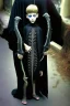 Placeholder: 7 year old boy, necromancer, friendly, looks dead,with a long lamprey emerging from his belly , wearing black robes, in the style of H.R. Giger