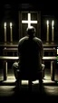 Placeholder: a rear view of a handicapped man sitting on a bench facing a charge cross and candles, show from the back