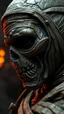 Placeholder: Busch painting style nightmare, a zoomed side view of the mummy by his face skin is a rusted broken metallic skin texture in a 3d rendering full-height image of a grim and dark scene. Ensure the final images exhibit the utmost quality, encompassing 4K, 8K, and 64K resolutions, with 3D rendering that manifests in photorealistic, hyperrealistic, and highly detailed representations. Employ techniques such as HDR, UHD,