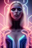 Placeholder: cyberpunk, head, women, portrai, tron sketch of a girl on lined paperA beautiful one nude body of a make up smiling woman blond long hair, alone, high key lighting, volumetric light high details with white stripes and blue eye, smiling with plump pink lips, flowers around, unreal engine petit prince belle fine, profil de trois quart, grand front cosmique, peau bleu cristalline, yeux bleu, perle sur le front long cheveux blond et rose etoilé, cristaux sur le corps, collier de grande princesse, l