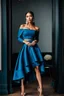 Placeholder: fullbody shot of young-beautiful-ozbek-with-a-perfect-face-with-make-up-wearing-blue-off-shoulder-top and midi plated skirt