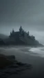 Placeholder: A hyper photorealistic, hyper detailed dark art color, high resolution, fog, octane render, tilt shift, HDRI Environment, all pictures of a dark gray castle on the stormy wether beach