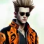 Placeholder: mafia leader, opaque black glasses, orange jacket, spiky hair, (short beige hair:1.2), realistic, full body view, epic pose, realistic