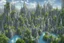 Placeholder: A futuristic alien city, with balconies, verandas, many arches, bridges, spires, paths, trees, dense foliage, spanish moss, ivy, river, blue sky, white clouds