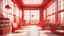 Placeholder: Modern red library interior with sunlight. Decor and desing concept. 3D Rendering