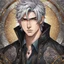 Placeholder: A stunningly detailed (((headshot portrait))), capturing the essence of a young man in his 20s with silver hair and piercing gray eyes, exuding a sense of confidence and protection, anime realism style, intricate mosaic backdrop