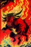 Placeholder: Vintage illustration of a demonic and magical bull made of red flames and fire, savage and obstreperous nature, charging down from black stormy sky, Tsuguyuki Kubo art, Topcraft, vintage storybook illustration, Beardsleyesque, ornamental, fantasy folk art, psychedelic, inspires by 70s Japanese anime, early Studio Ghibli, fantasy animation cartoon, last unicorn