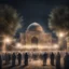 Placeholder: Hyper realistic celebration outside Al-Aqsa Mosque with garland light at night