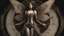 Placeholder: full length, steampunk delicate metal woman, moth, wings, black background