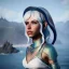 Placeholder: [Sea Elf] [Maormer] Hero Queen with [white hair] and [blue skin] on a ship with crew [fantasy] [realism] [Elder scrolls]