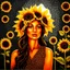 Placeholder: Portrait of a woman, sun and sunflowers, eclectic harmonic dot art